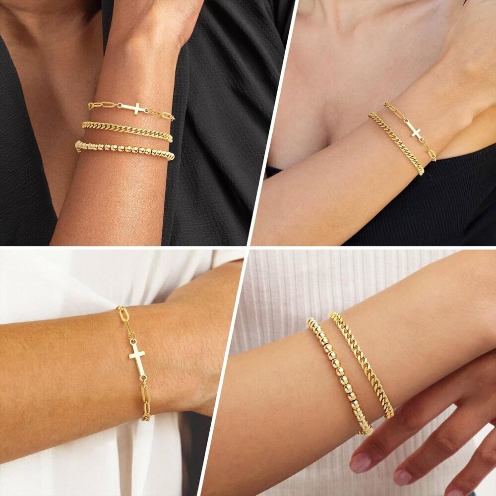 Gold Cross Bracelets Set for Women Dainty Religious Jewelry Christian Gifts - Picture 4 of 7